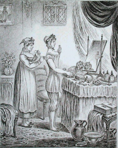 Progreso del tocador: los corsés, grabado por James Gillray (1757-1815) publicado por Hannah Humphrey en 1810 de (after) English School