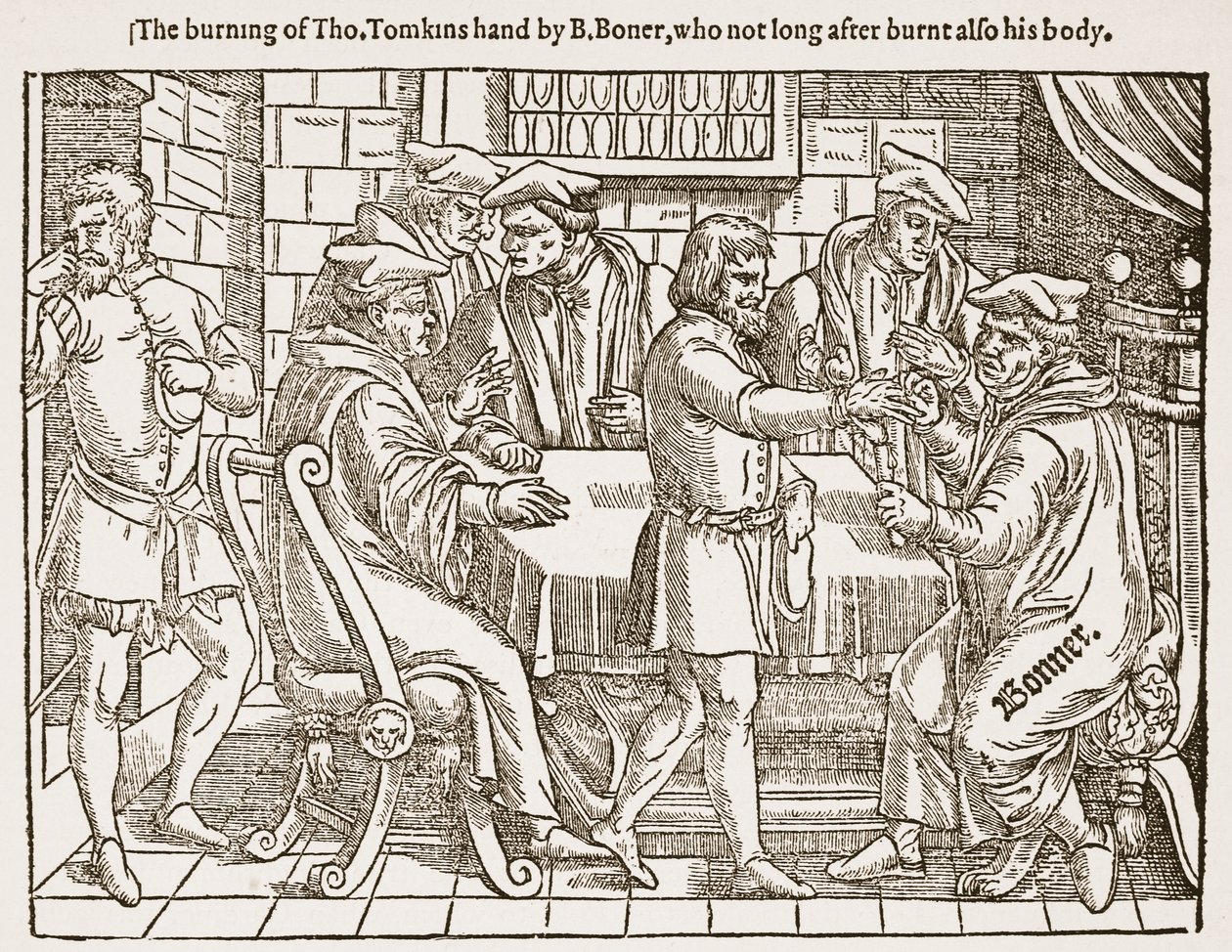La quema de la mano de Tho. Tomkins por B. Boner, que poco después quemó también su cuerpo, ilustración de 