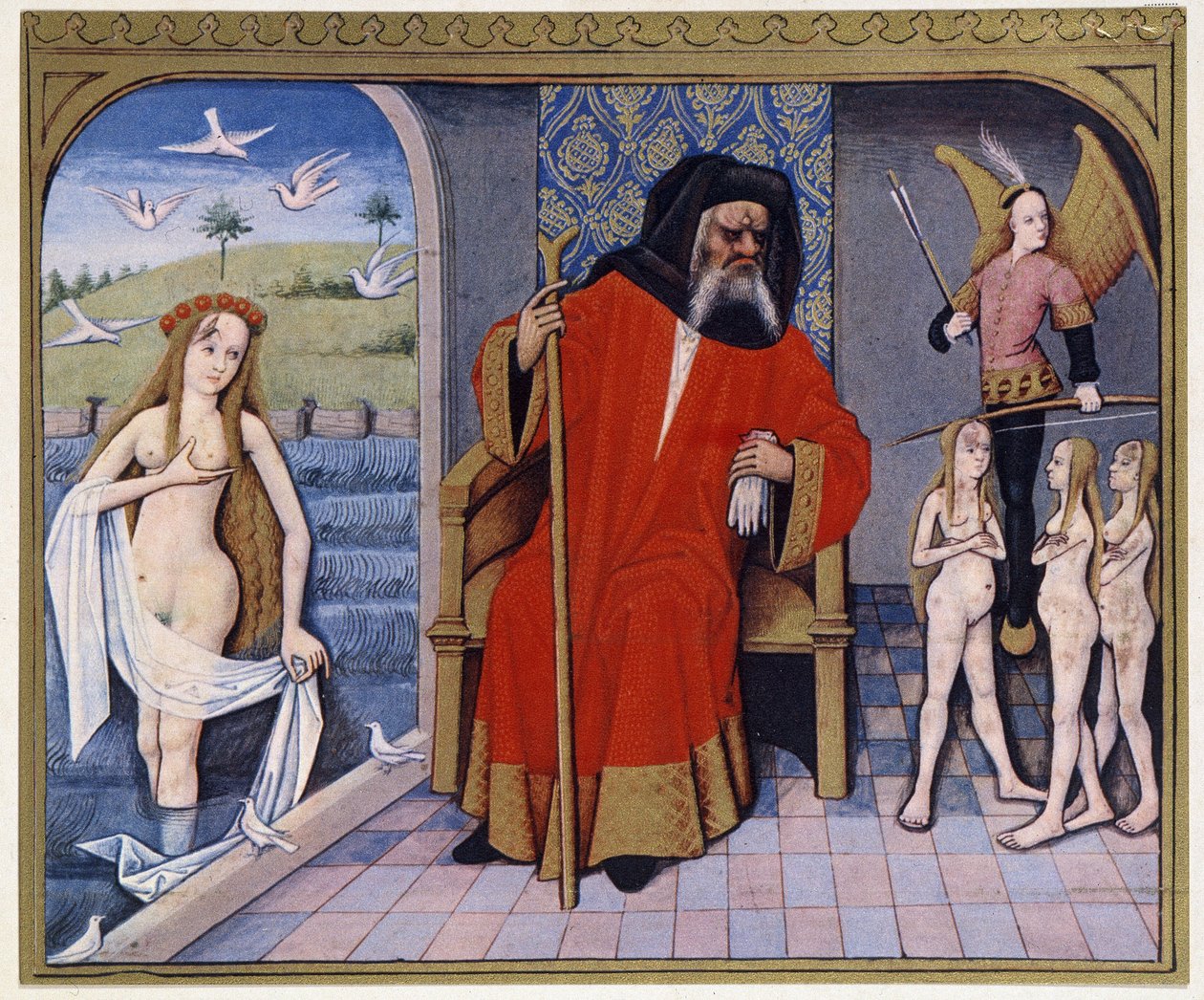 Afrodita, Hefistos, Eros (Cupido) y Caridad - de una iluminación del siglo XV de (after) French School