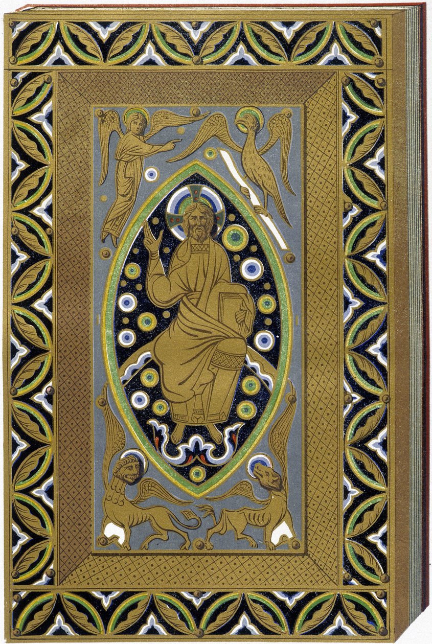 Cristo en Mandorla con los símbolos de los 4 evangelistas (Tetramorfo). Litografía que reproduce una encuadernación enamailada del siglo XIII. de (after) French School