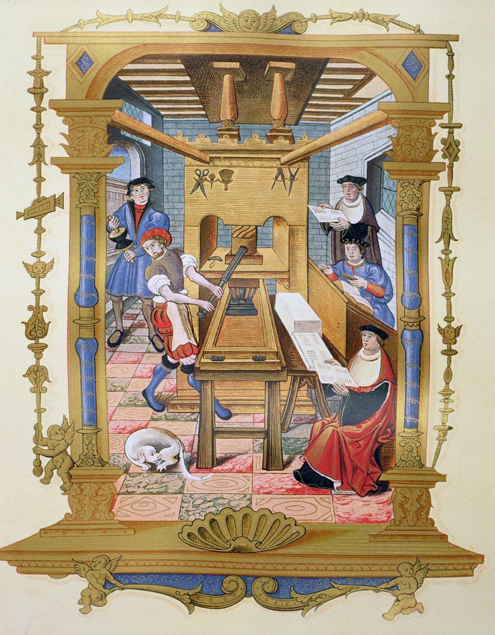 Interior de una imprenta del siglo XVI, copia de una miniatura de "Chants royaux sur la Conception couronnee du Puy de Rouen" (litografía en color) de (after) French School