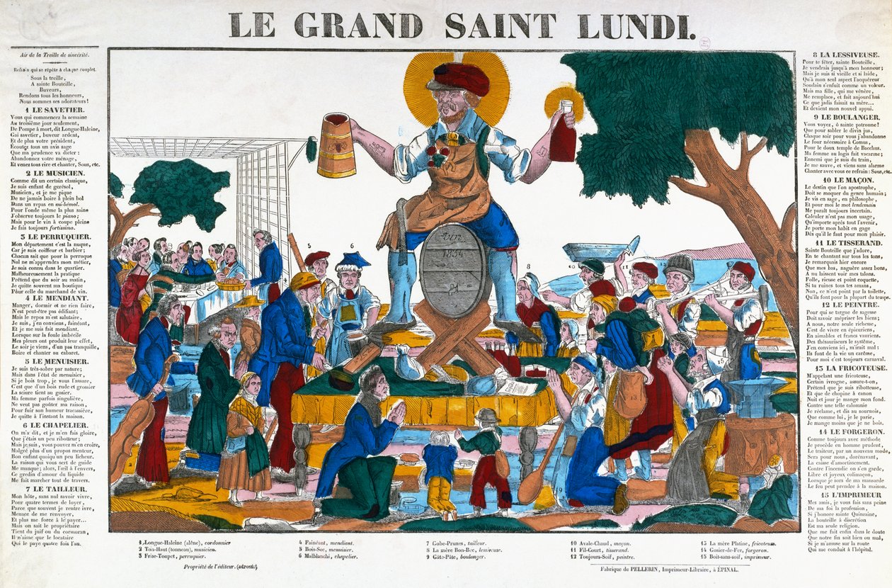 El Gran Santo Lunes, caricatura sobre trabajadores y comerciantes que dedican los lunes al alcohol en lugar de trabajar, mediados del siglo XIX de (after) French School