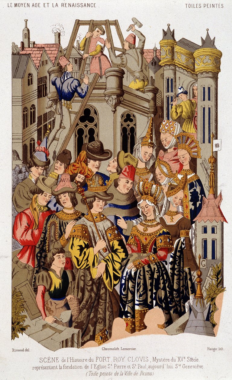 Escenario de la historia de Fort Roy de Clovis. Misterio del siglo XV que representa la fundación de la Iglesia de San Pedro y San Pablo, hoy Santa Genoveva. (Lienzo pintado de la ciudad de Reims. de (after) French School