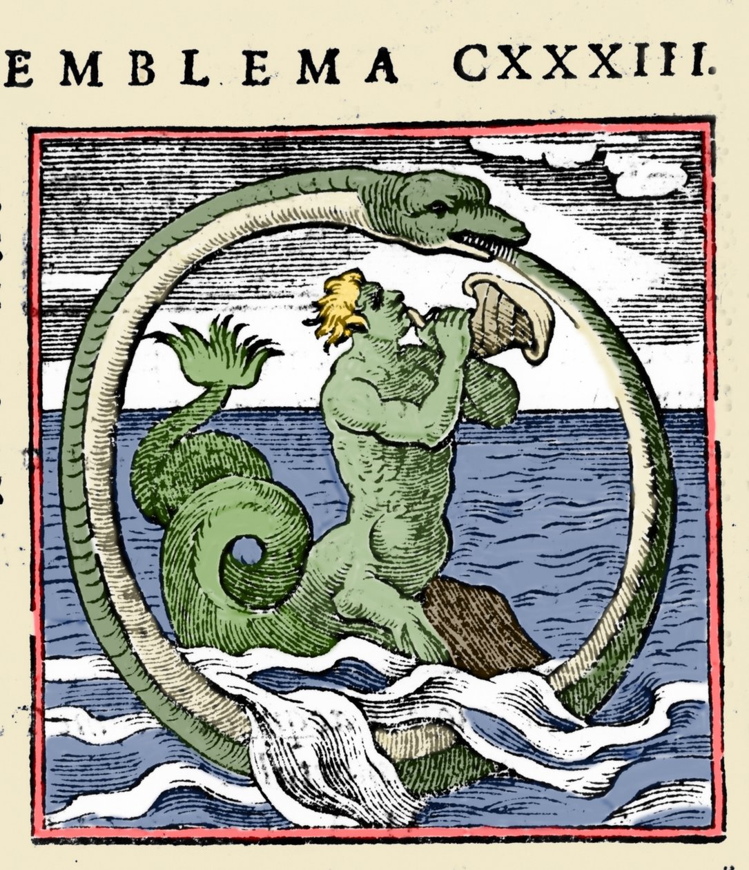 Un tritón y un ouroboros, ilustración "Emblemata" (Emblematum libellus) por Andrea Alciati de (after) Italian School