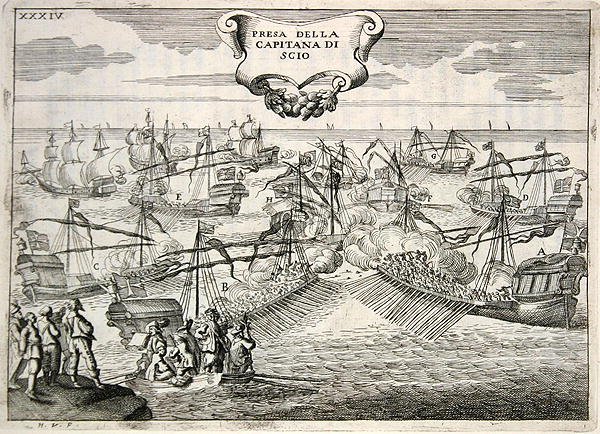 Galeones y galeazas en batalla: captura del Capitán de la Isla de Quíos, ilustración de 