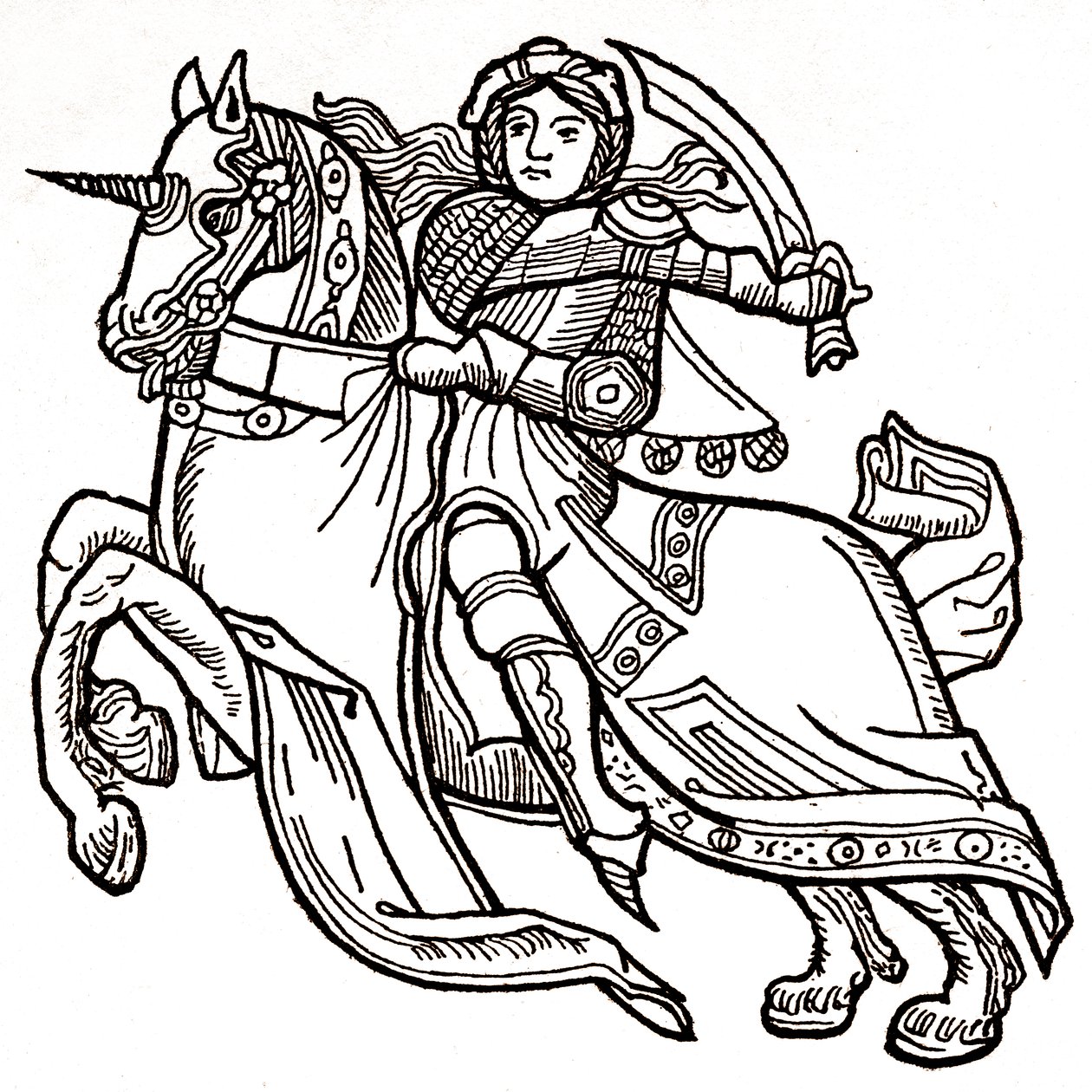 Juana de Arco a caballo blandiendo una espada (grabado) de (after) Spanish School