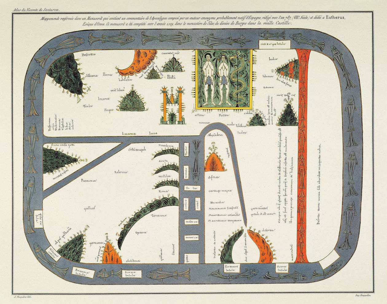 Mapa del mundo, procedente de un manuscrito de un Comentario al Apocalipsis, escrito hacia 787 y copiado hacia 1109 en el Monasterio de Silos, Burgos, España (litografía) de (after) Spanish School