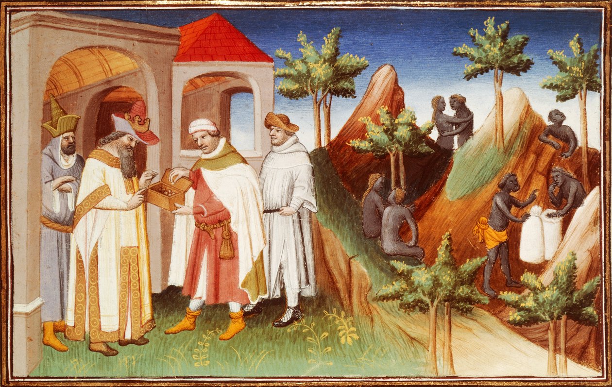 Sr. Fr 2810 f.83r, Rey de Lar comprando perlas, miniatura de 
