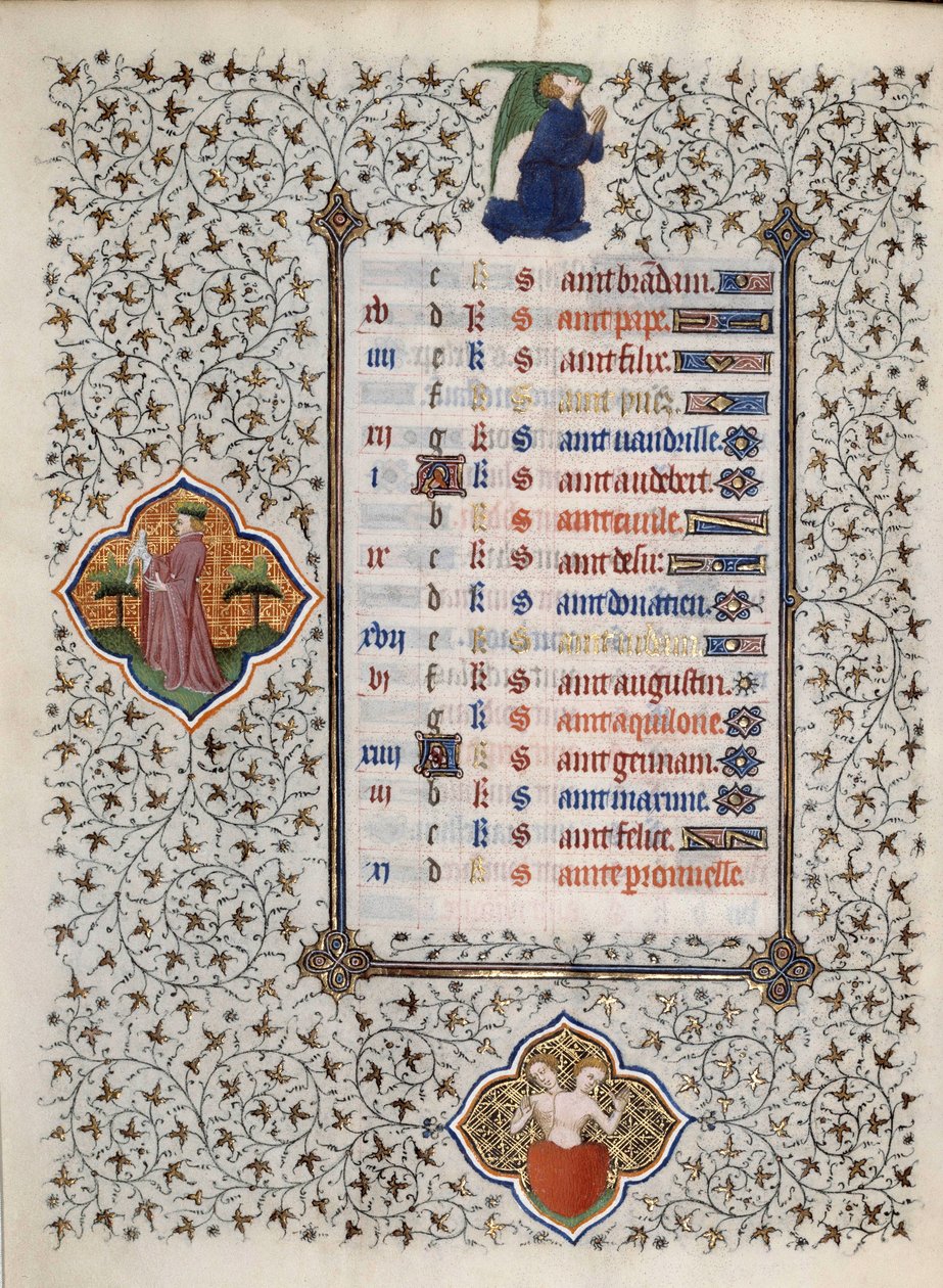 Página del manuscrito "Les Tres Riches Hours du Duke Francois de Guise" iluminado por el Maestro de Boucicaut: representación de signos del zodiaco y escenas de la vida cotidiana: gemas. Siglo XV. Museo Condé, Chantilly de (and workshop) Boucicaut Master