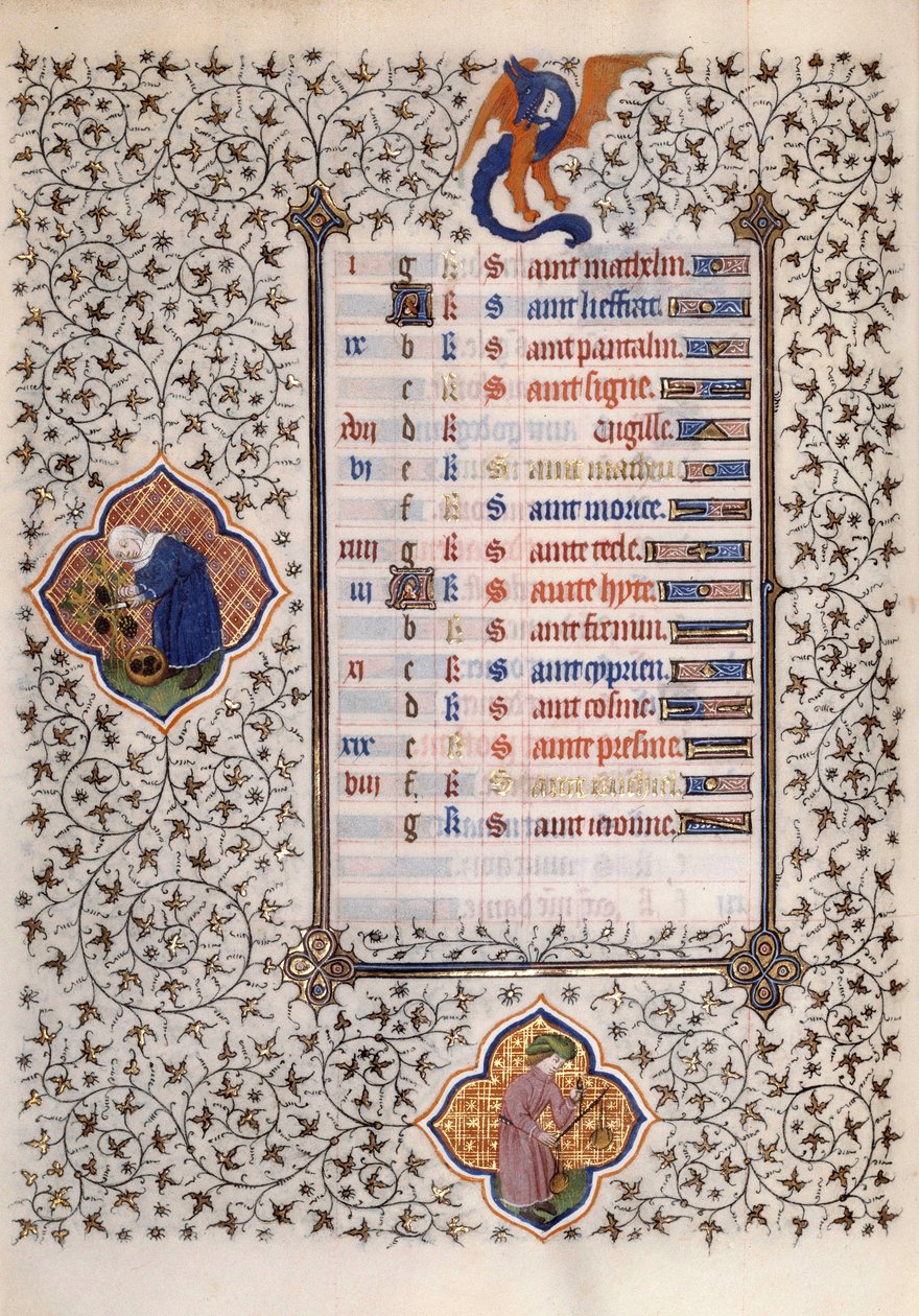 Página del manuscrito “Las Muy Ricas Horas del Duque Francisco de Guisa” iluminado por el Maestro de Boucicaut: representación de los signos del zodiaco y del trabajo agrícola: balanza y cosecha. Siglo XV. Museo Condé, Chantilly de (and workshop) Boucicaut Master