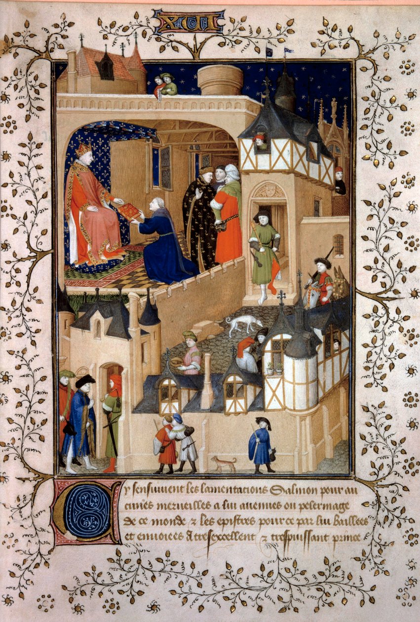 El aventurero político Pedro el Frutero, llamado Salmon, ofrece su manuscrito al rey Carlos VI (1368-1422). Miniatura de "Respuestas a Carlos VI y Lamentaciones" de Pierre Salmon iluminada por el taller del Maestro de Boucicaut (siglo XV) 1409 de (and workshop) Boucicaut Master