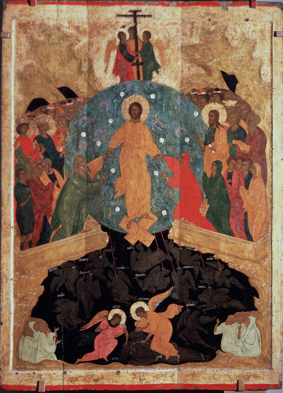 El descenso al infierno. Episodio de la Resurrección, inmediatamente después de su muerte, Cristo descendió a las puertas del reino de los muertos (limbo) donde las almas vegetan mientras esperan la visión beatífica, para liberar las almas de los judíos. de (c.1440 1502) Dionisius the Wise