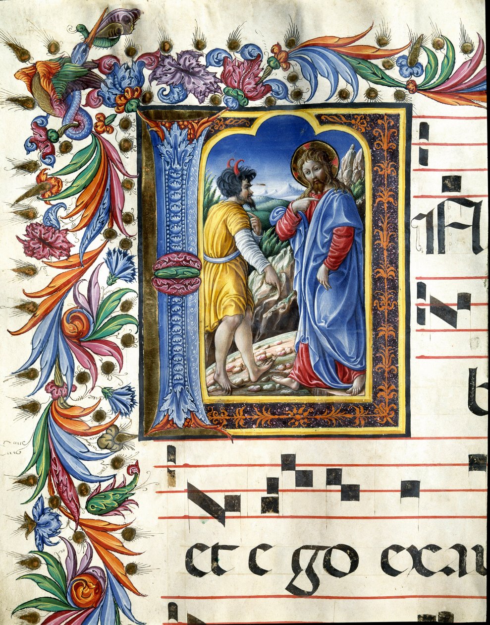 Letra decorada que representa la tentación de Cristo. Miniatura de Liberale da Verona (1445-1529) de un coro (Cod. 20/5. c.45v) de la catedral de Siena. Siglo XV. Catedral (Duomo) de Siena, Italia de (c.1445 1527) Liberale da Verona