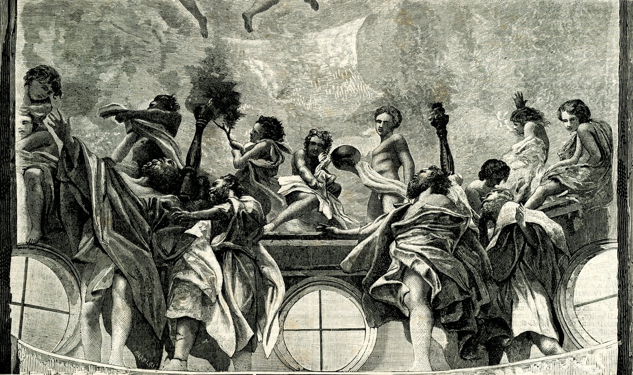 Asunción de la Virgen, detalle del fresco de Correggio (1489-1534), cúpula de la catedral de Parma, Emilia Romaña, Italia, xilografía de Le cento citta d