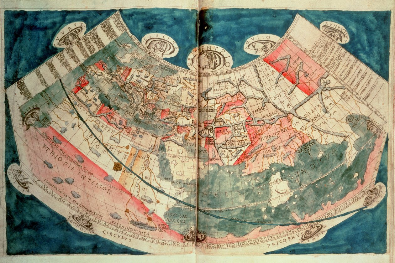 Mapa del mundo basado en una descripción de Ptolemaeus (acuarela) de (c.90 168)(after) Ptolemy