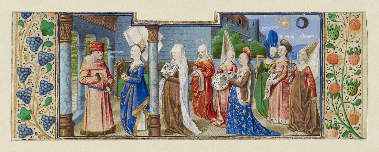 La Filosofía Presentando las Siete Artes Liberales a Boecio, c.1465 (temple y oro sobre pergamino) de (fl.1450 75) Master of Coetivy