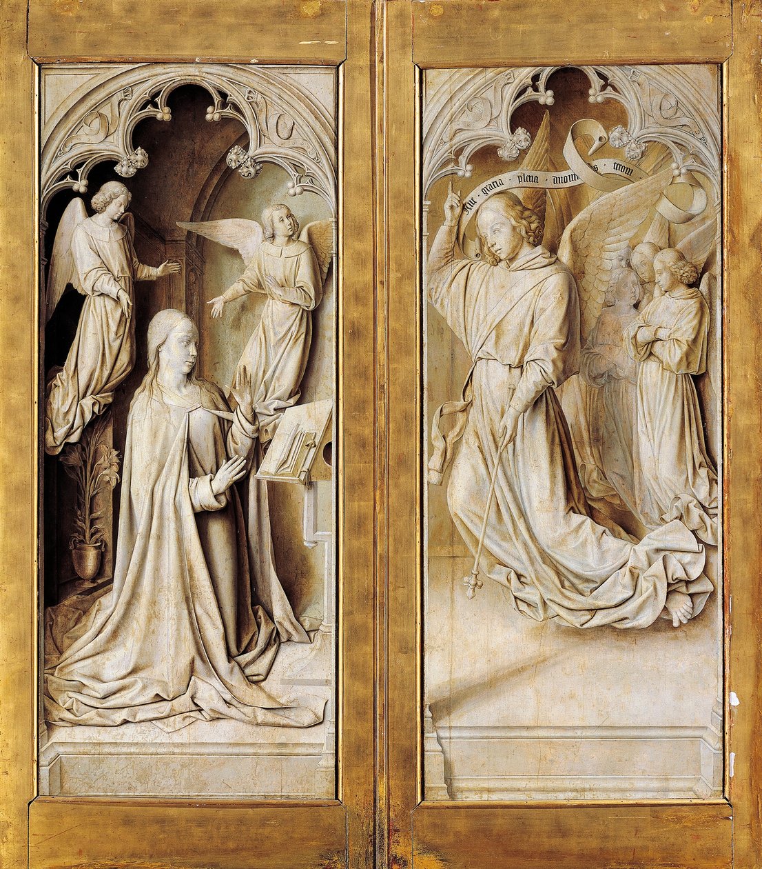 Anunciación en grisalla, alas exteriores del tríptico del retablo (ca 1489-1502) por el Maestro de Moulins, en la Catedral de Notre-Dame, Moulins, Francia de (fl.c.1483 c.1529) Master of Moulins