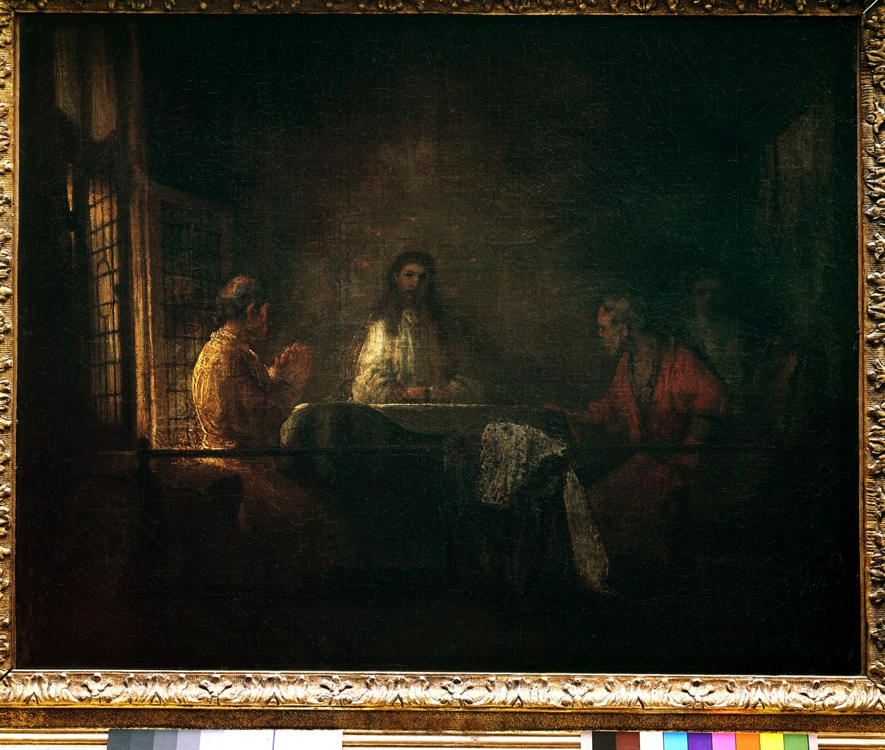 Los peregrinos de Emaús. Cristo aparece a los peregrinos sentados en una mesa en una posada en Emaús. Pintura del taller de Harmensz van Rijn dit Rembrandt (1606-1669) de studio of Rembrandt Harmensz. van Rijn
