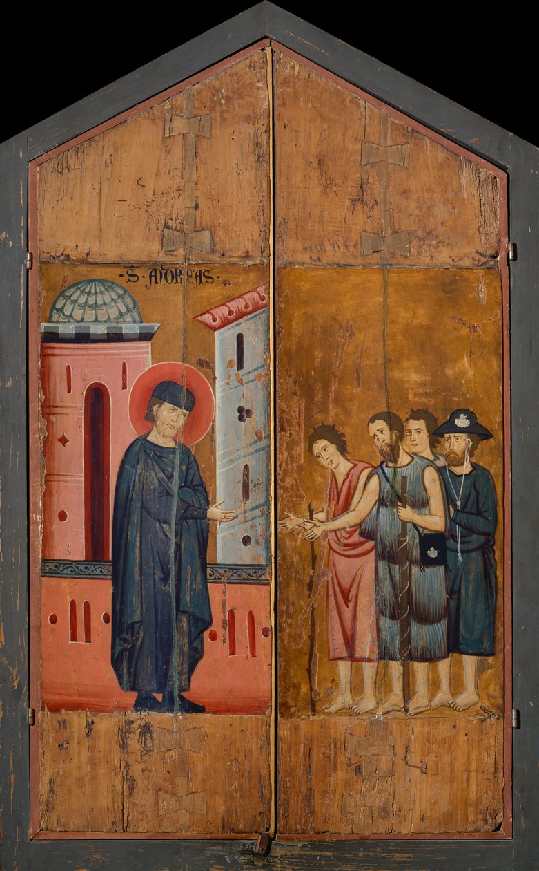 Díptico del Beato Andrea Gallerani: El beato anfitrión Gallerani recibiendo pelegrinos y mendigos, paneles exteriores, c.1270 (pintura sobre madera) de (workshop of) Guido da Siena