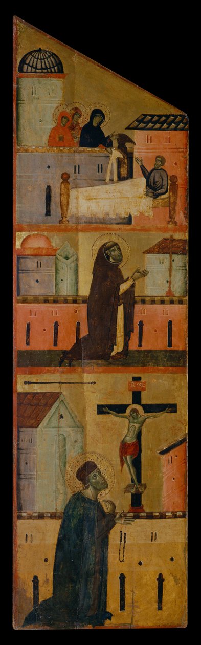 Díptico del Beato Andrea Gallerani: Las santas mujeres se aparecen a San Reginaldo, Domingo reza por la curación de San Reginaldo y Gallerani reza ante la cruz, interior panel izquierdo, c.1270 (pintura sobre madera) de (workshop of) Guido da Siena