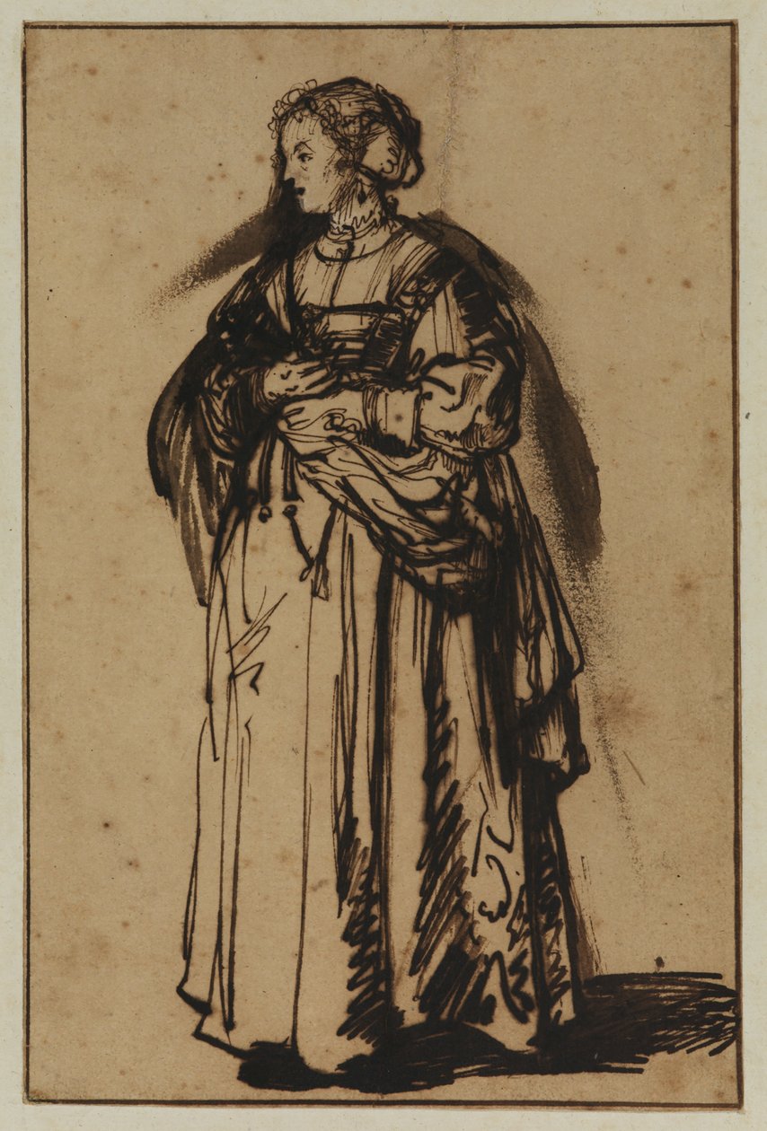 La esposa del artista, Saskia, de pie y con flores en las manos de (workshop of) Rembrandt Harmensz. van Rijn