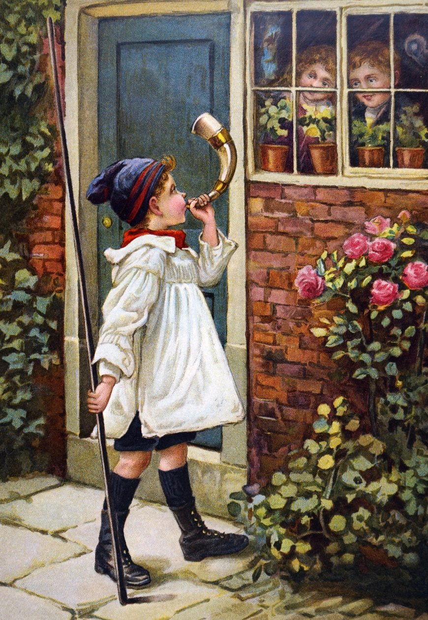 Un niño tocando un cuerno fuera de su casa de Unknown