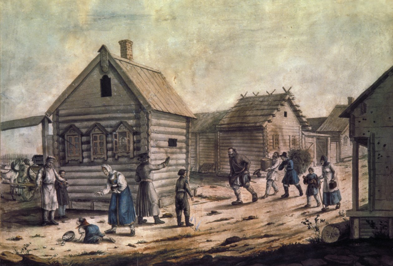 Llegada de la Ama del Pueblo, una Pintura en Acuarela de la Década de 1850 de Unknown