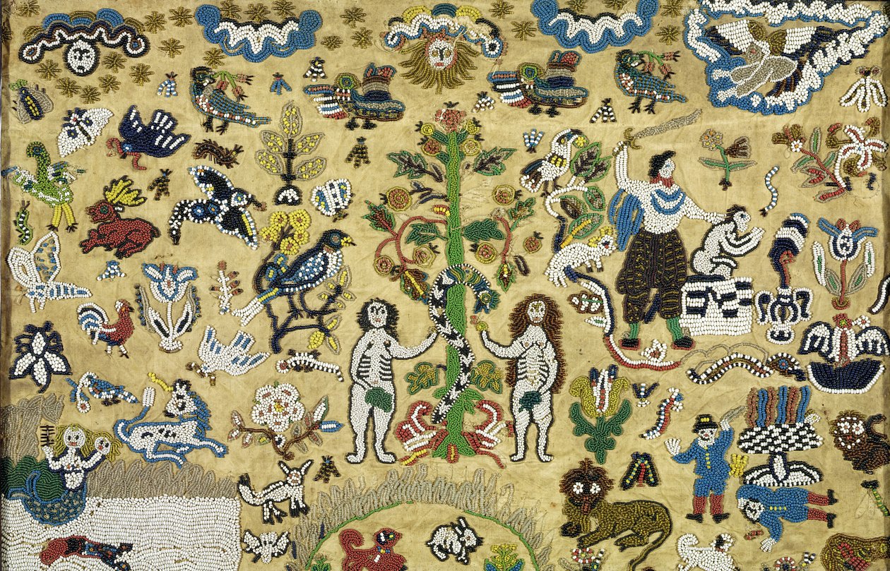 Cuadro de Abalorios: La Caída del Hombre; Caín y Abel; Sacrificio de Isaac; rodeado de Animales del Jardín del Edén, siglo XVII de Unknown