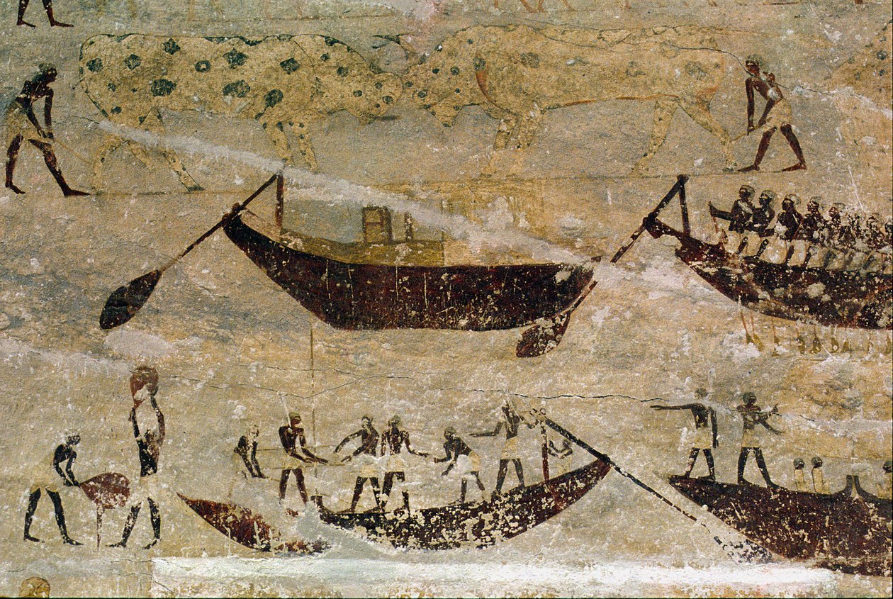Barcos descendiendo el río, (detalle) de una pintura mural de tumba, Egipto, Reino Antiguo a Medio (caliza pintada) de Unknown