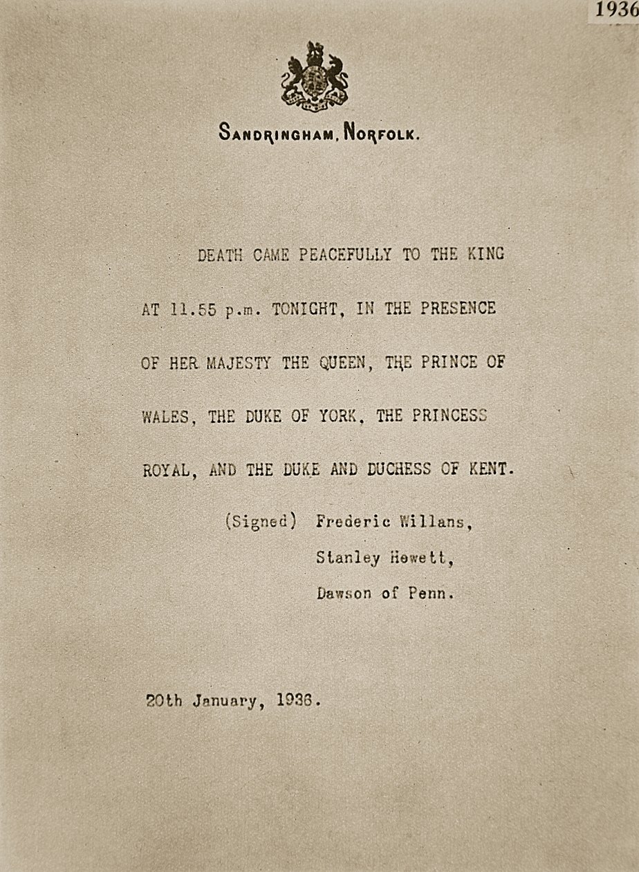 Boletín publicado en Sandringham tras la muerte del Rey Jorge V, 20 de enero de 1936 de Unknown