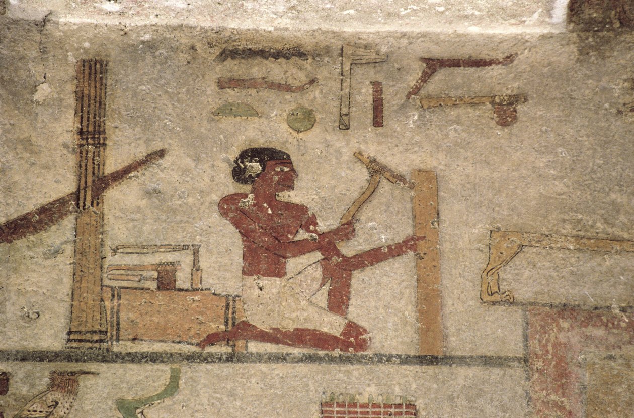 Taller de Carpinteros, (detalle) de una pintura mural de tumba, Egipto, Reino Antiguo a Medio (caliza pintada) de Unknown