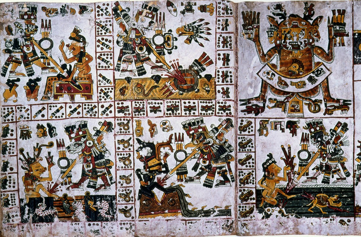 (detalle) de una copia facsímil de una página del Códice Borgia mostrando los ataques de Tlauizcalpantecuhtli, el dios Venus de Unknown