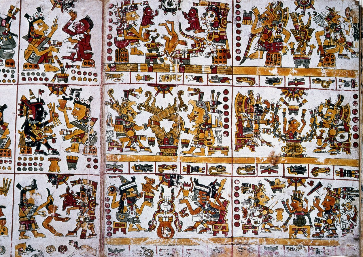 (detalle) de una copia facsímil de una página del Códice Borgia mostrando seis parejas de dioses representando la adivinación para parejas de Unknown