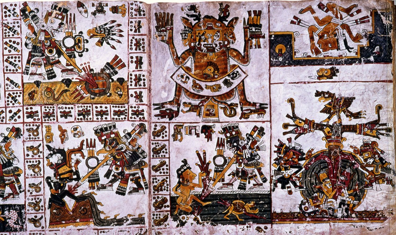 (detalle) de una copia facsímil de una página del Códice Borgia mostrando los ataques de Tlauizcalpantecuhtli, el dios Venus de Unknown