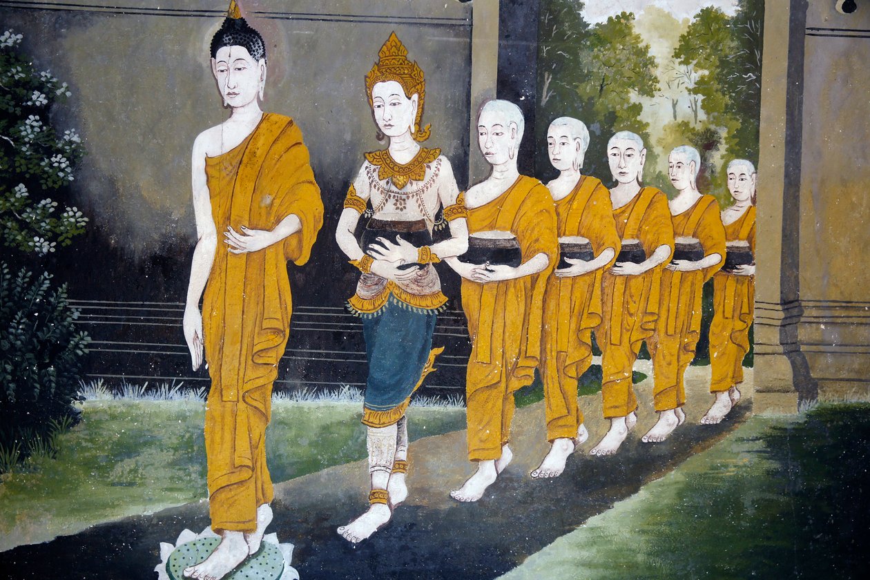Fresco que representa una escena de la vida de Buda en Wat Phra Doi Suthep, Chiang Mai. Buda y monjes en una ronda de limosnas. Tailandia de Unknown