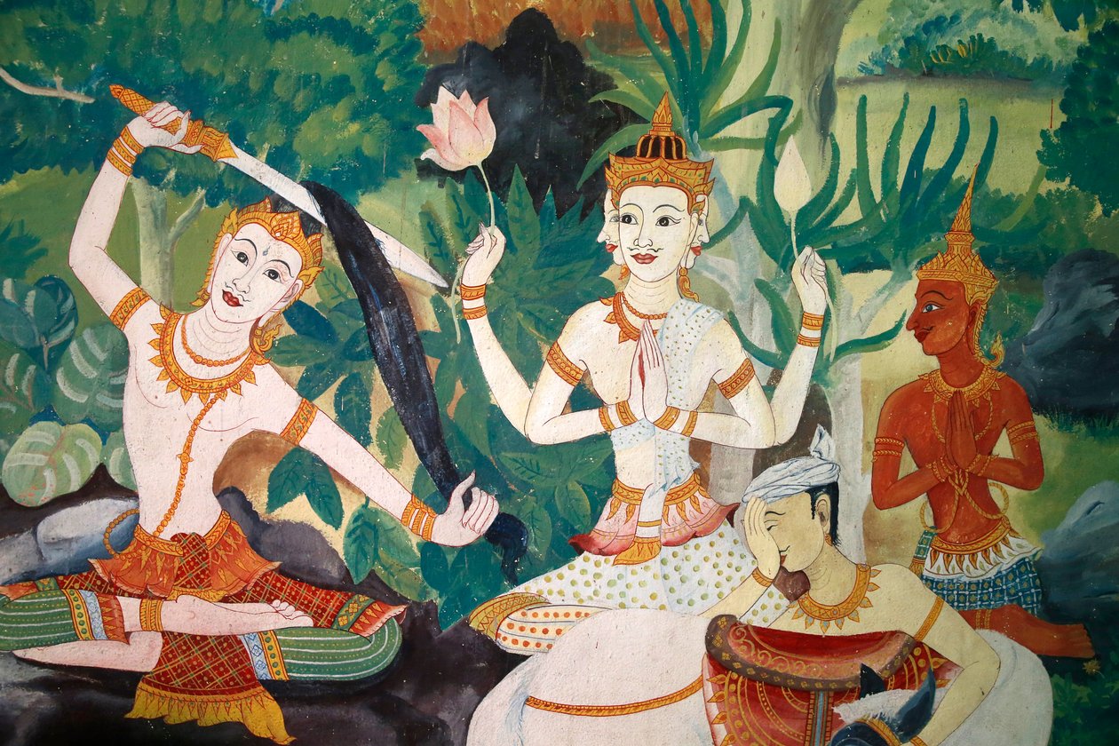 Fresco en Wat Ampharam, Hua Hin, Tailandia. Buda cortándose el cabello y renunciando a su vida anterior de Unknown