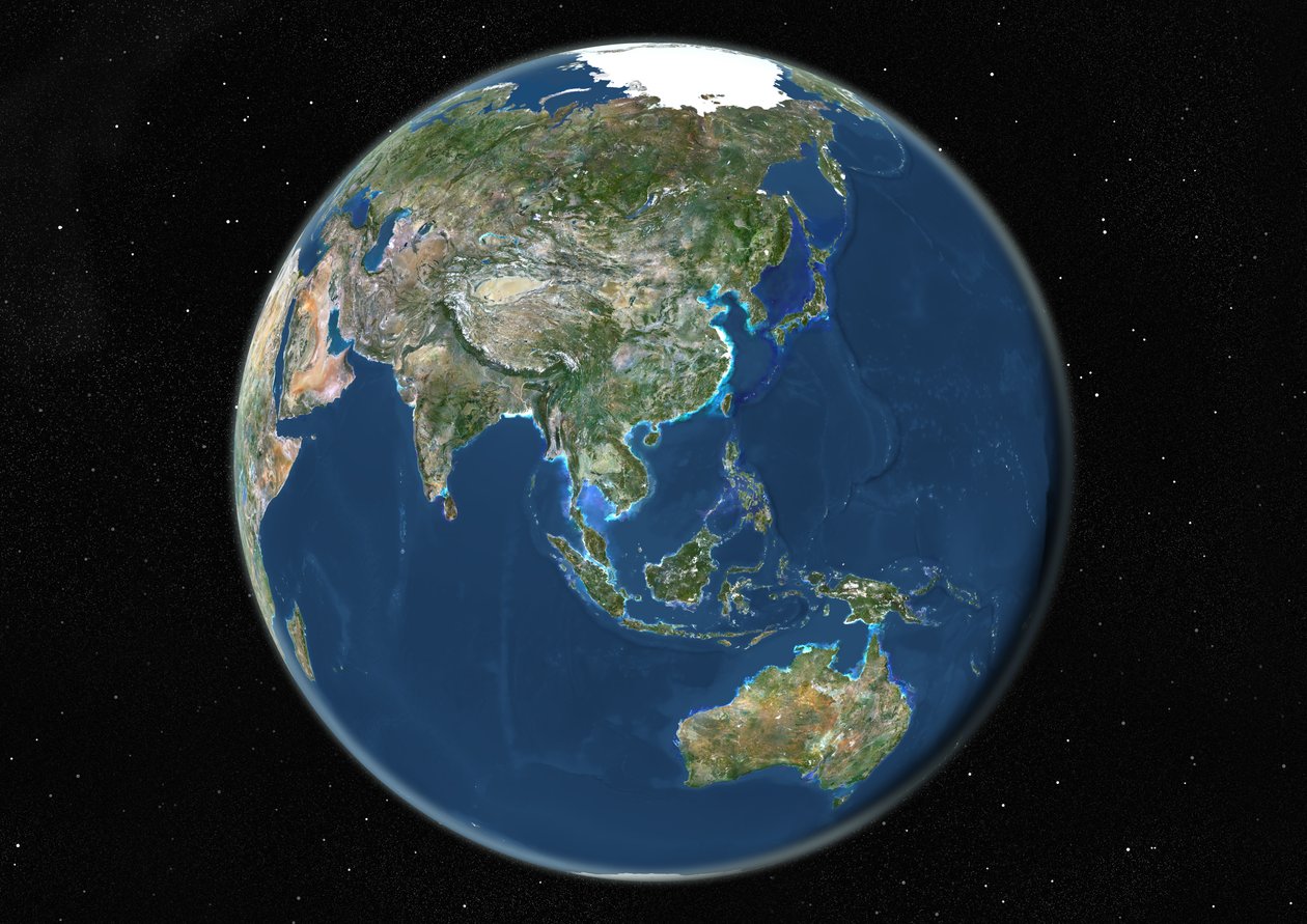 Globo centrado en Asia y Oceanía, imagen satelital en color verdadero de Unknown