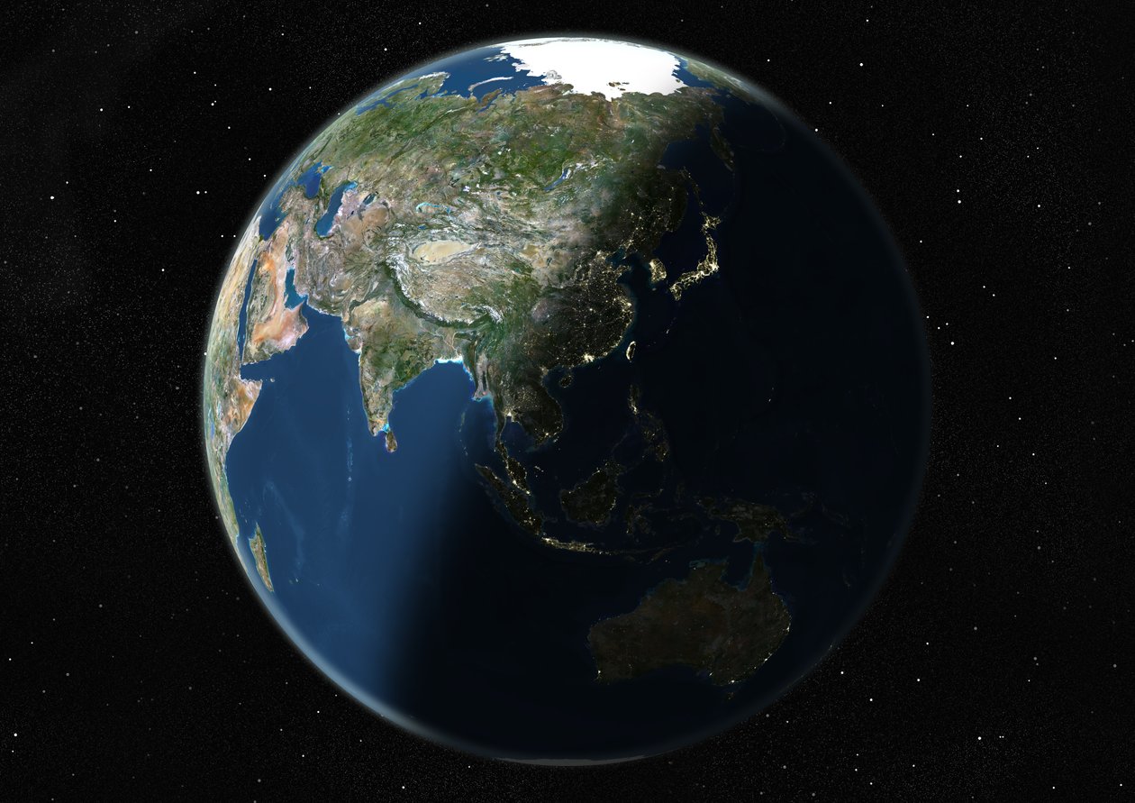 Globo centrado en Asia y Oceanía, imagen satelital en color verdadero de Unknown