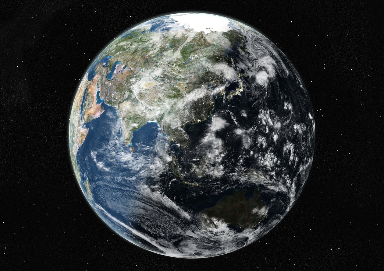 Globo centrado en Asia y Oceanía, imagen satelital en color verdadero de Unknown