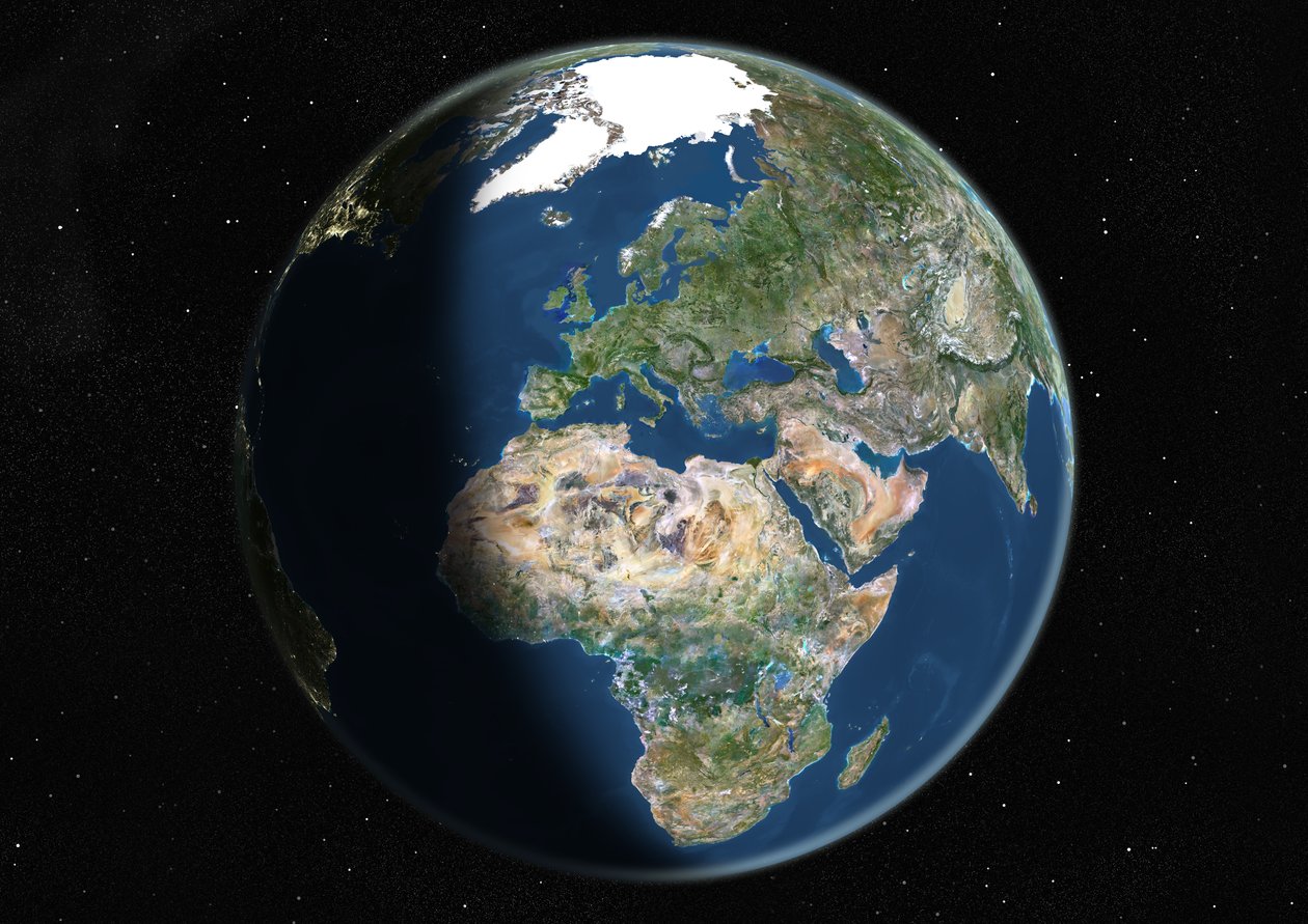 Globo centrado en Europa y África, imagen satelital en color verdadero de Unknown