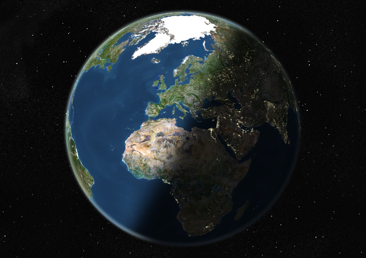 Globo centrado en Europa y África, imagen satelital en color verdadero de Unknown