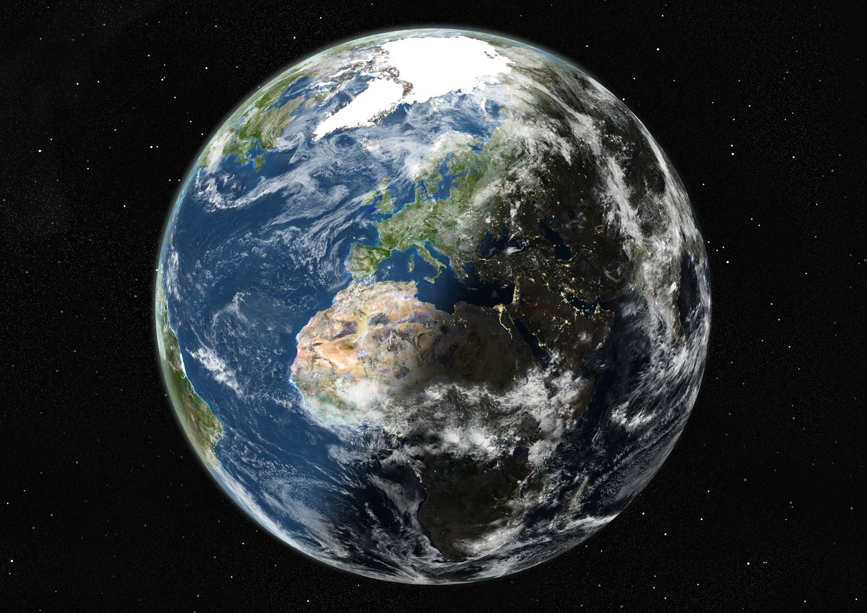 Globo centrado en Europa y África, imagen satelital en color verdadero de Unknown