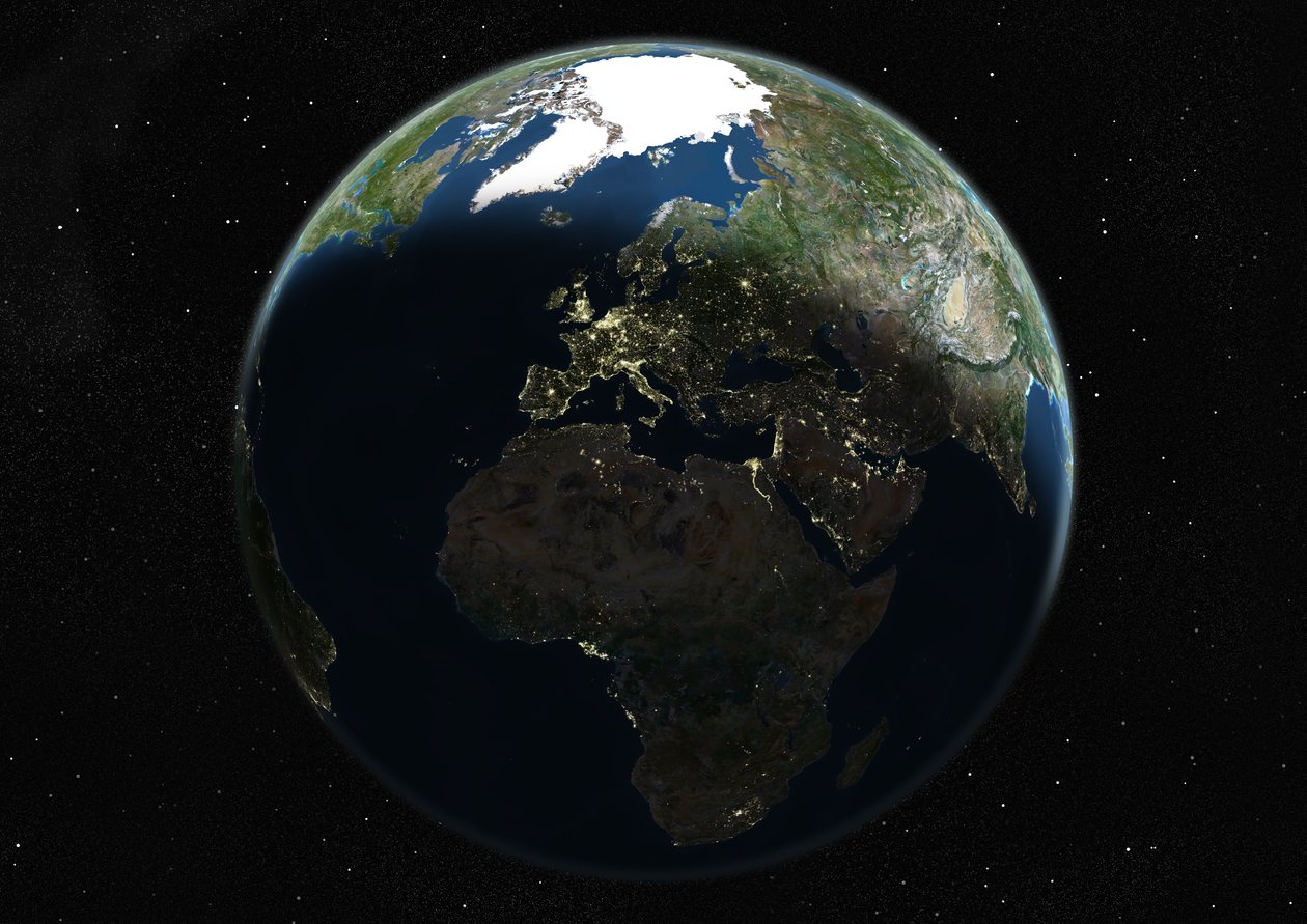 Globo centrado en Europa y África, imagen satelital en color verdadero de Unknown