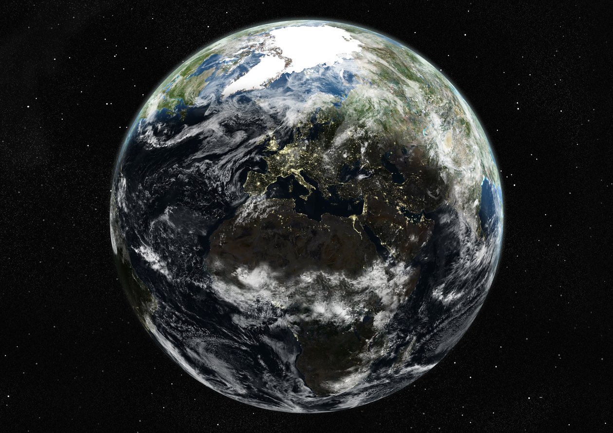 Globo centrado en Europa y África, imagen satelital en color verdadero de Unknown