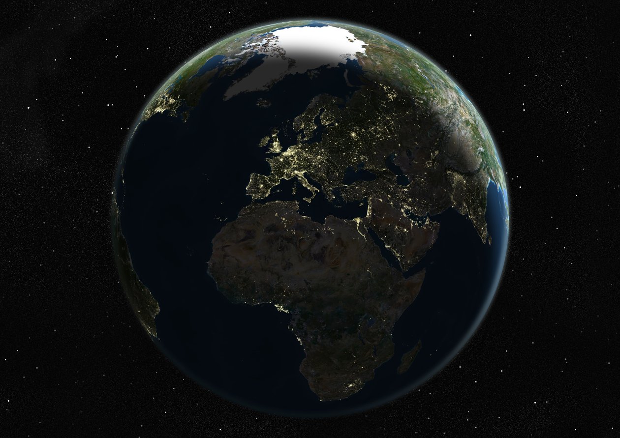Globo centrado en Europa y África, imagen satelital en color verdadero de Unknown