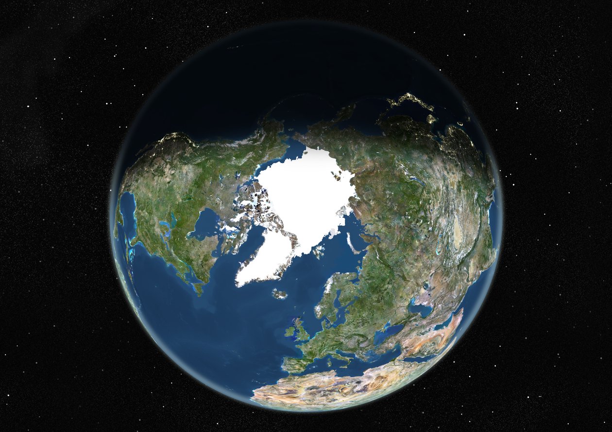 Globo centrado en el Polo Norte, imagen satelital en color verdadero de Unknown