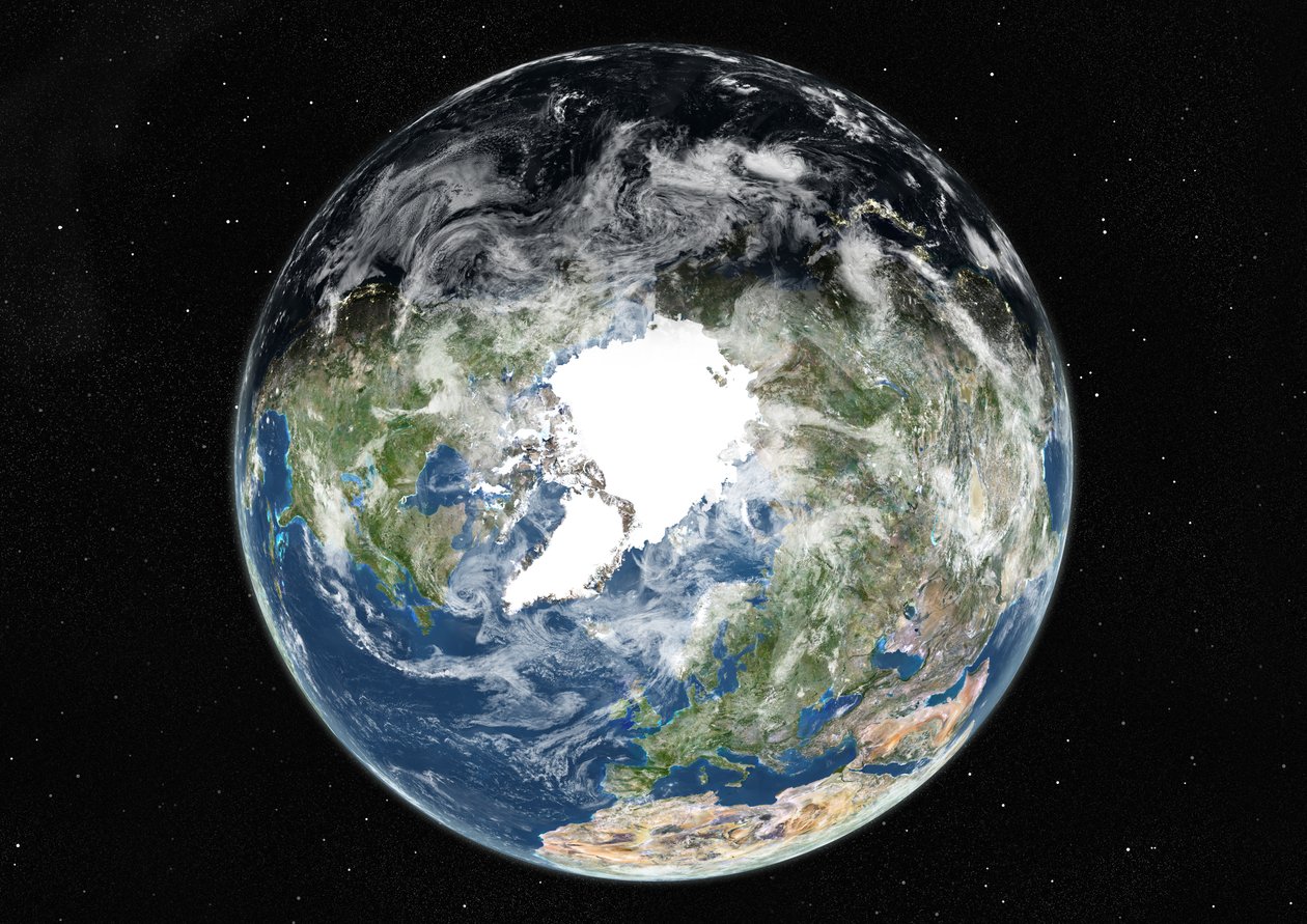Globo centrado en el Polo Norte, imagen satelital en color verdadero de Unknown
