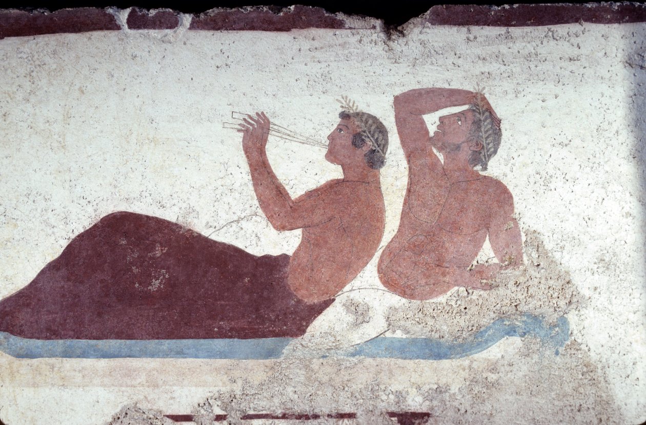 Pintura griega de la Tumba del Buceador, Paestum, 480 a.C. Banquete. Escena de simposio, Italia de Unknown