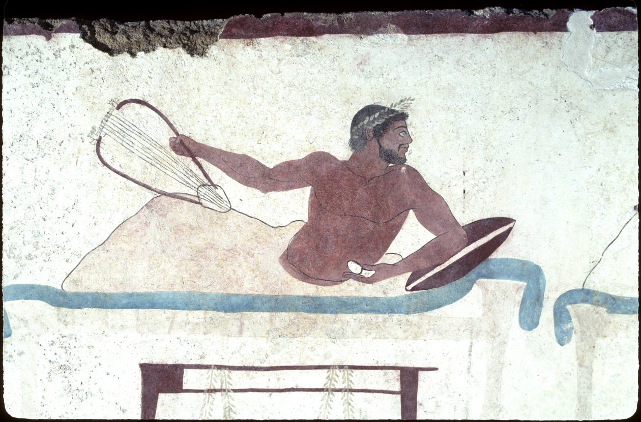 Pintura griega de la Tumba del Buceador, Paestum, 480 a.C. Banquete. Escena de simposio, Italia de Unknown