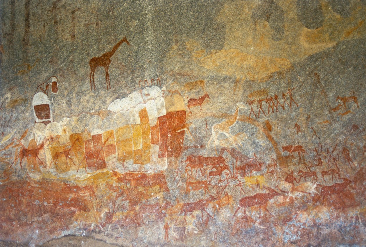 Pinturas rupestres de Inanke en una cueva del Parque Nacional de Matobo, Zimbabue. 1 de abril de 1998. de Unknown